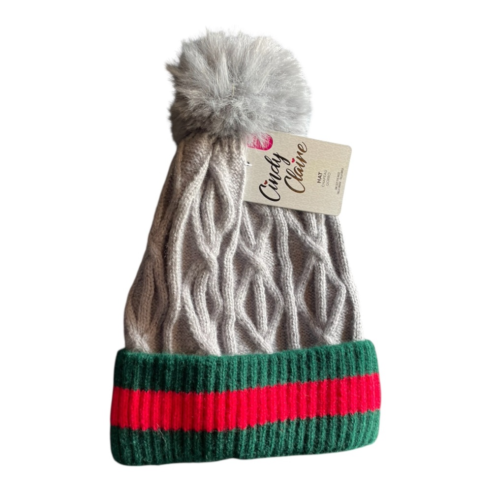 Cindy Claire Gray Knit Hat with Pom Pom